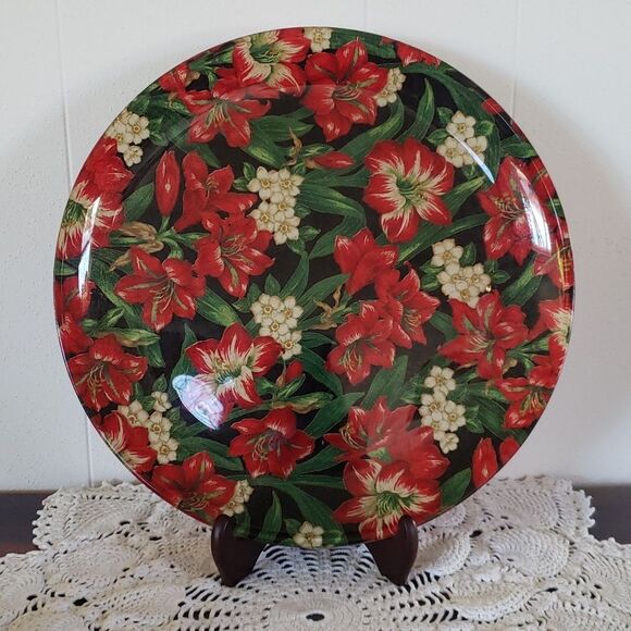 Lovely 13" Heavy Glass Christmas Poinsettia Serving Platter - Picture 1 of 2